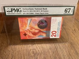 20 Franken 2015 PMG 67 EPQ Schweiz Banknote. Unzirkuliert 