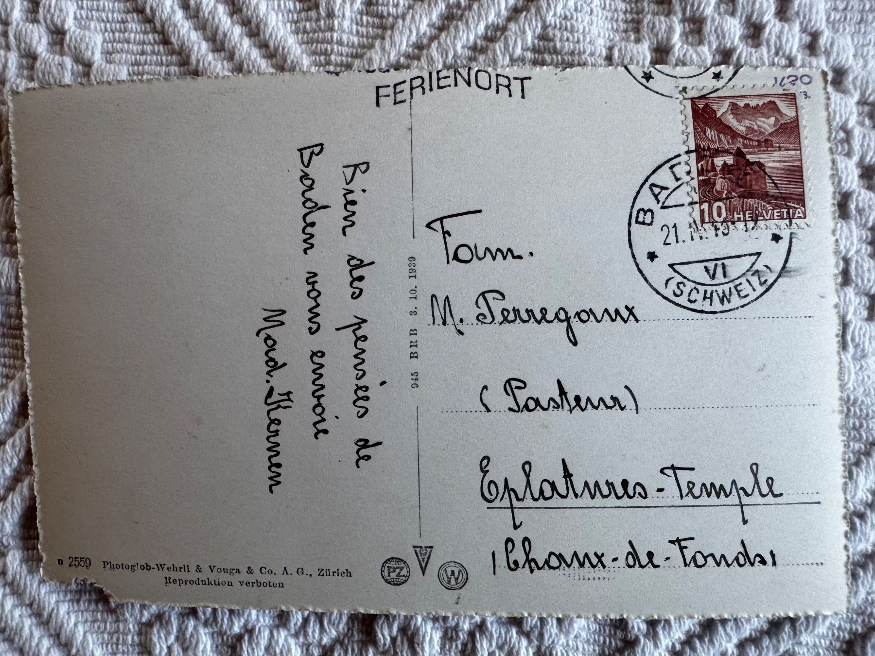 Cartoline postali: Ansichtskarte gelaufen 1940(?) Baden – Usato da Vellerat venduto da joromaur 1