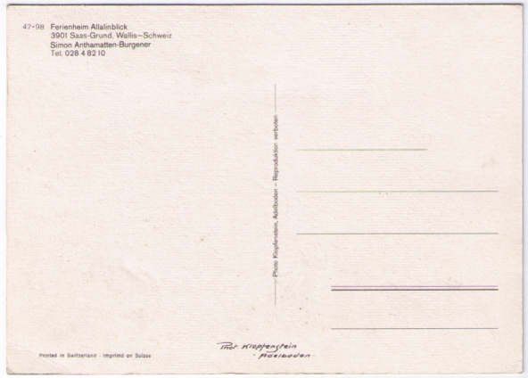 Cartoline postali: Saas Grund - Ferienheim Allalinblick – Usato da Binningen venduto da Mountainrider 1