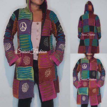 Herbst Frühling Goa Hippie Ethno Patchwork Mantel XS-L