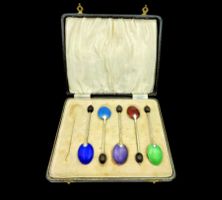 Antique Set Of 5 Spoons in Silver & Enamel