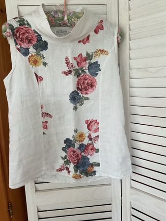 Damen Bluse Weiss Blumenmuster Grösse M Leinen
