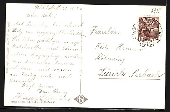 Cartoline postali: AK Waldstatt /App., Ansicht mit Säntis – Usato da Berlin venduto da bartko-reher 1