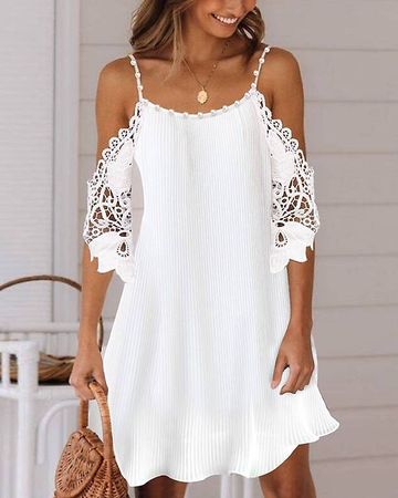 Kleid Kontrast-Spitzen Perlen schulterfrei weiss L neu
