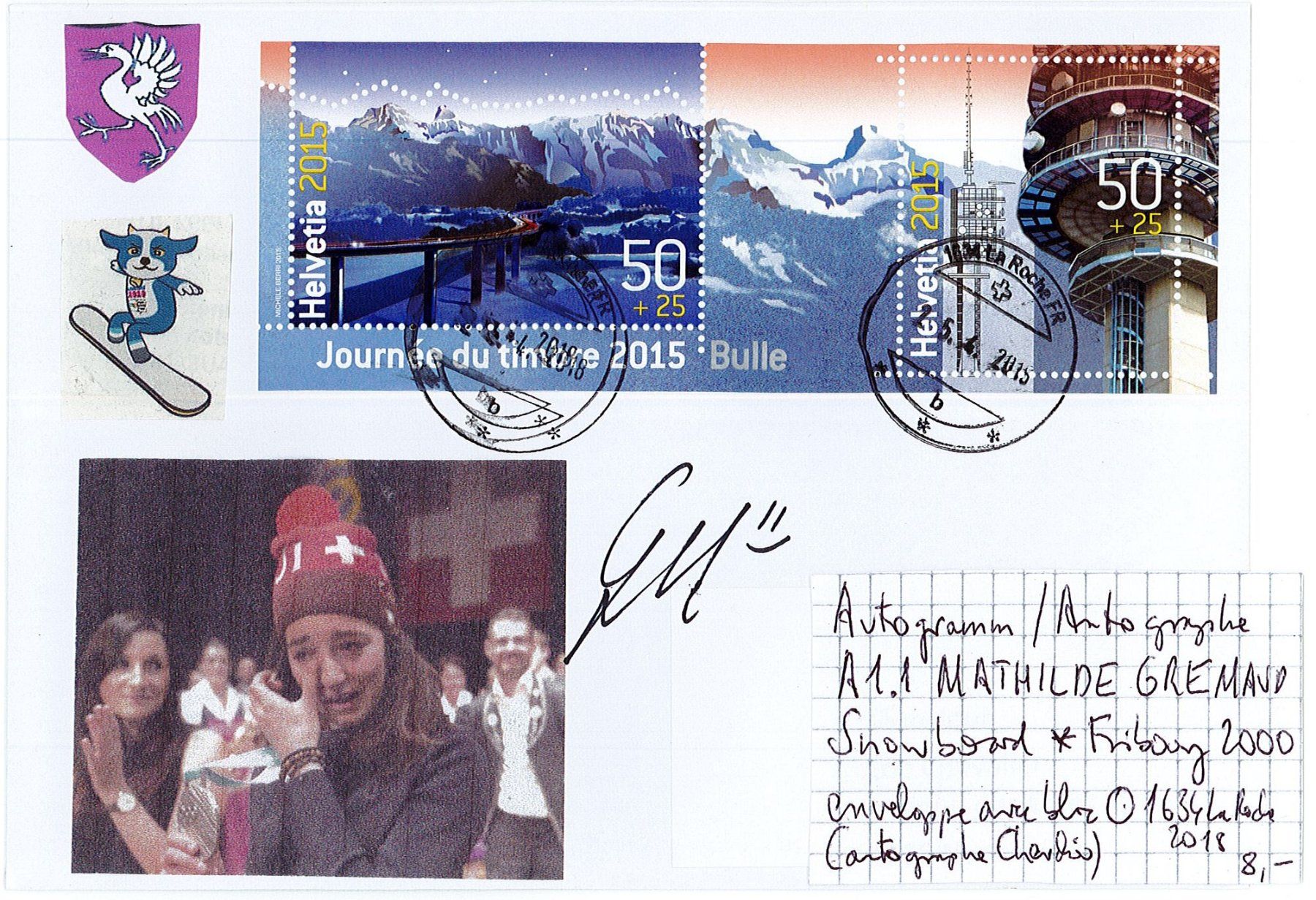 Tutti i francobolli: A 1.1 Autographe MATHILDE GREMAUD Snowboard Fribourg 2000 – Usato da Fribourg venduto da philafri