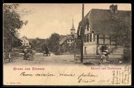 AK Kerzers, Käserei in der Dorfstraße, Kirchturm
