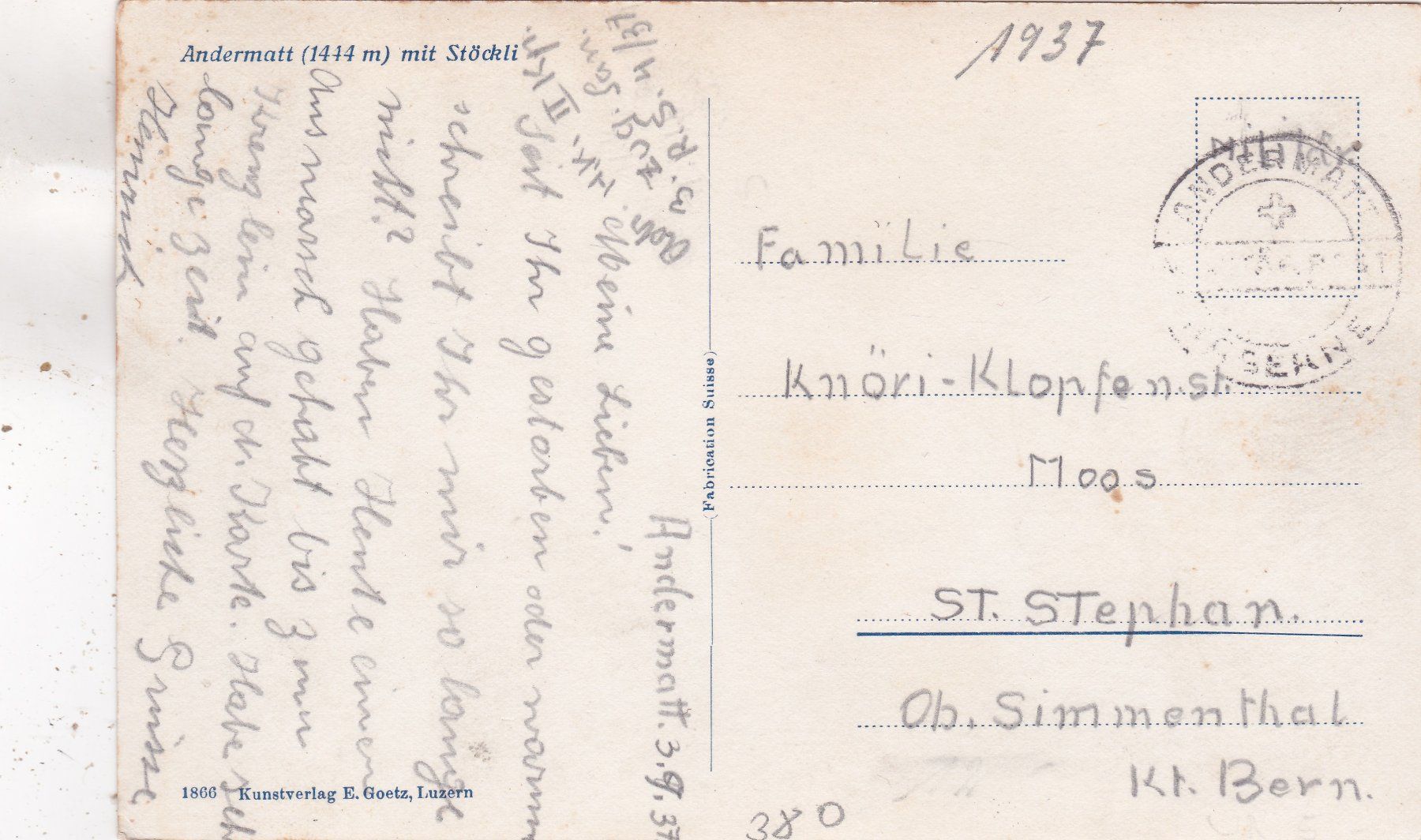 Cartoline postali: Andermatt mit Stöckli – Usato da Herisau venduto da Lisegrat2008 1