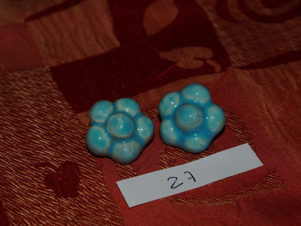 Boucles D'oreilles Clips En Porcelaine Anglaise Vintage - Motif Fleurs - Datées 1861