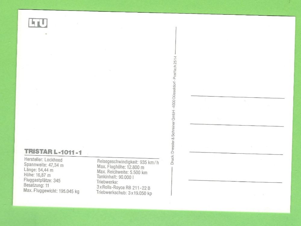 Cartoline postali: LTU Tristar L-1011-1 – Usato da Zürich venduto da t24_de 1