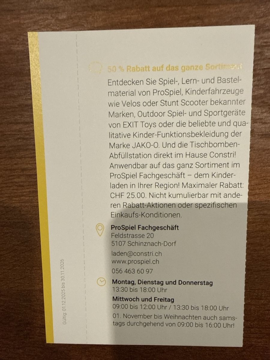 Buoni: ProSpiel Gutschein - 50% Rabatt – Nuovo (secondo la descrizione) da Gränichen venduto da cat_lady 1
