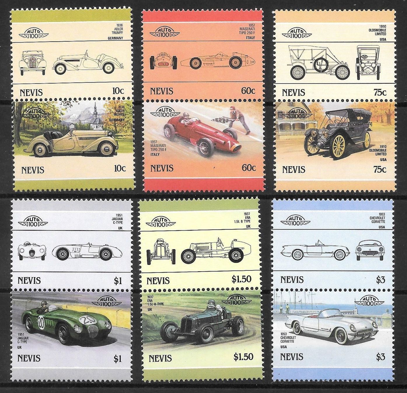 Tutti i francobolli: Nevis Serie 348 - 359 Autos ** 30.1.1986 – Nuovo (secondo la descrizione) da Olten venduto da clotaldi