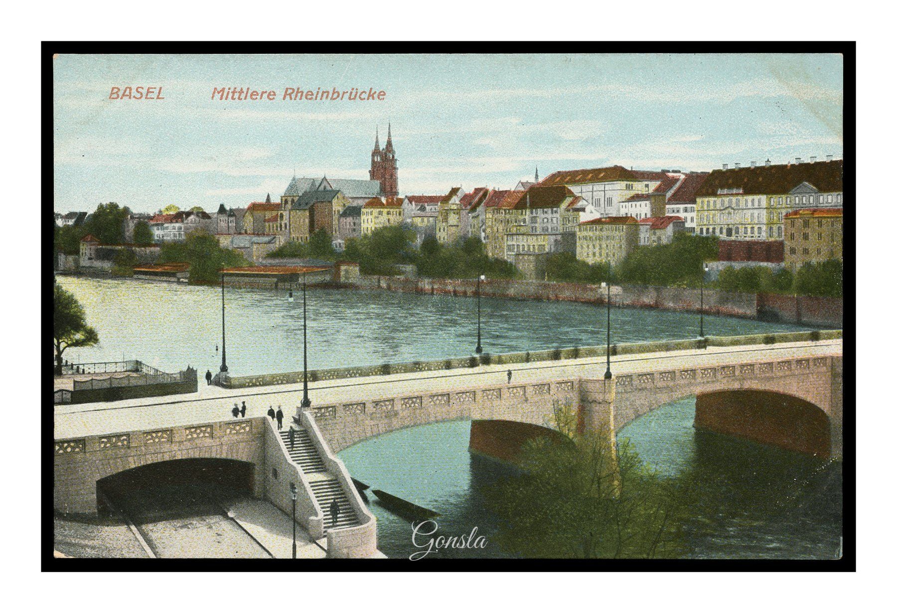 Ansichtskarten: BASEL - 1920 "Mittlere Rheinbrücke" – Gebraucht aus Onex von gonsla01