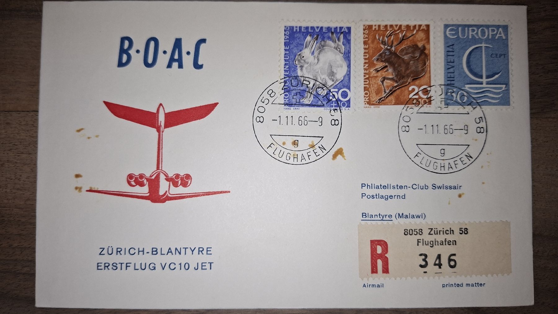 Alle Briefmarken: Boac Zürich - Blantyre 01.11.1966 – Gebraucht aus Balgach von SIMEON27