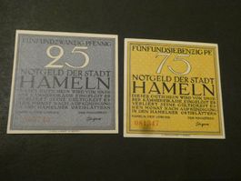 Dt. Reich, Hameln - 2 Notgeldscheine ungefaltet