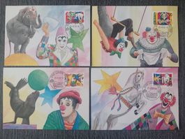 4 cartes postales Cirque  Village Natal de Grôck Timbre