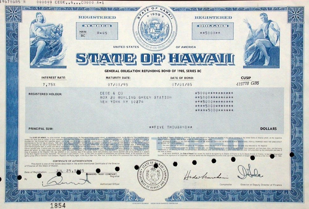 Documenti: 7,75% State of Hawaii - 1985 – Usato da Solothurn venduto da Sgasche