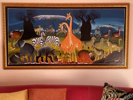 Tingatinga Bild, gross, farbenfroh und professionell gerahmt