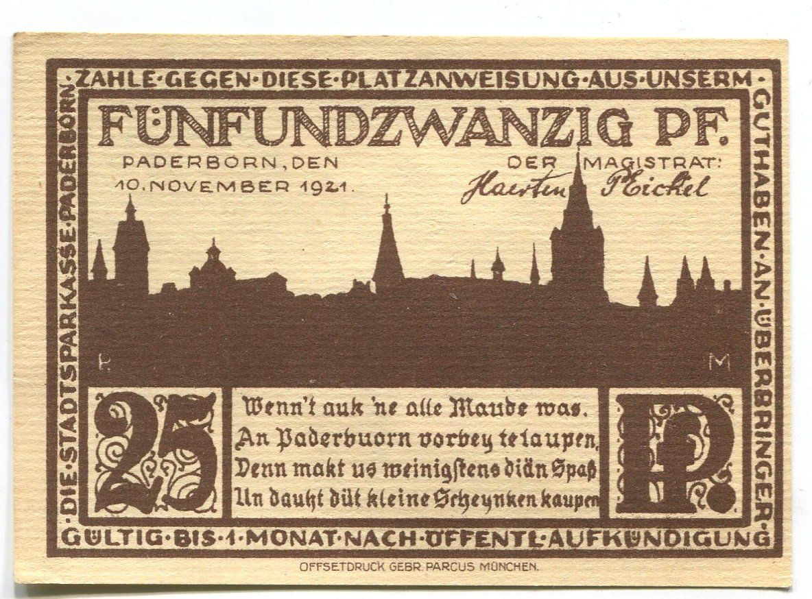 Banknoten: Notgeld "25 Pfennig. Paderborn 1921" – Gebraucht aus Basel von Butsch5