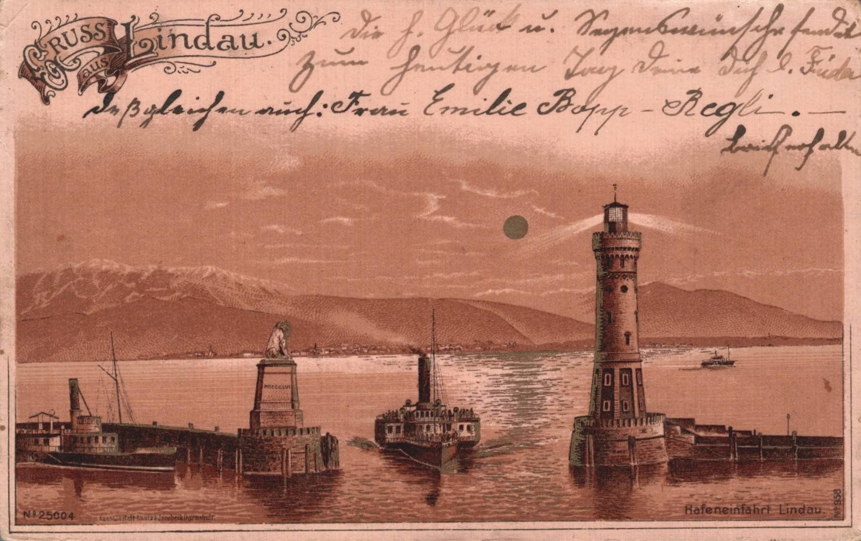 Cartoline postali: Litho Ansichtskarte Lindau, Dampfschiff & Leuchtturm 1899 – Usato da Luzern venduto da Kartenansicht