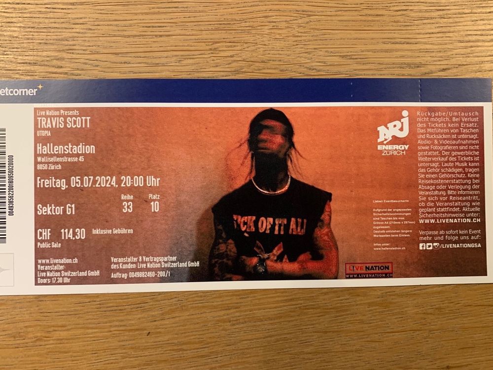 Travis Scott Konzerticket Hallenstadion Sitzplatz/Sektor G1 Kaufen auf Ricardo