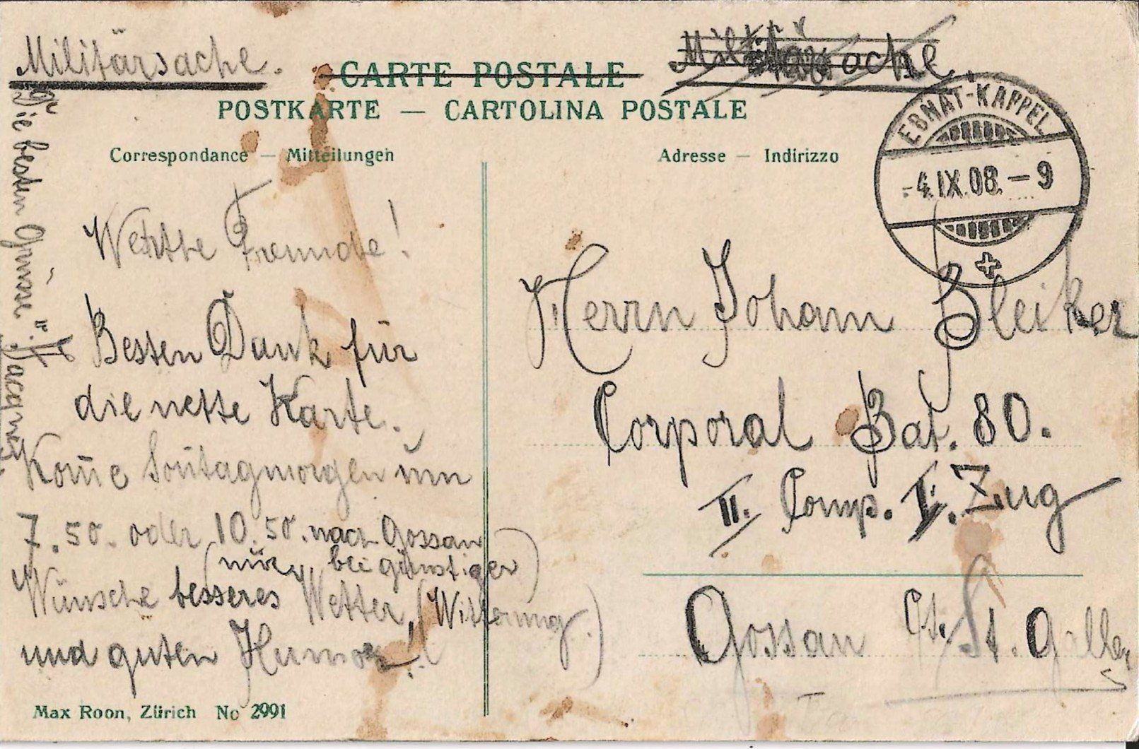 Ansichtskarten: Karte Ebnat 1908 – Gebraucht aus Zürich von Philacat11 1