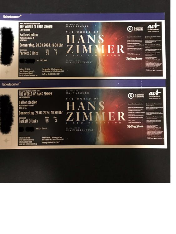 2Stk Hans Zimmer Tickets Parkett links Reihe 55 Platz 3&4 Acheter sur Ricardo