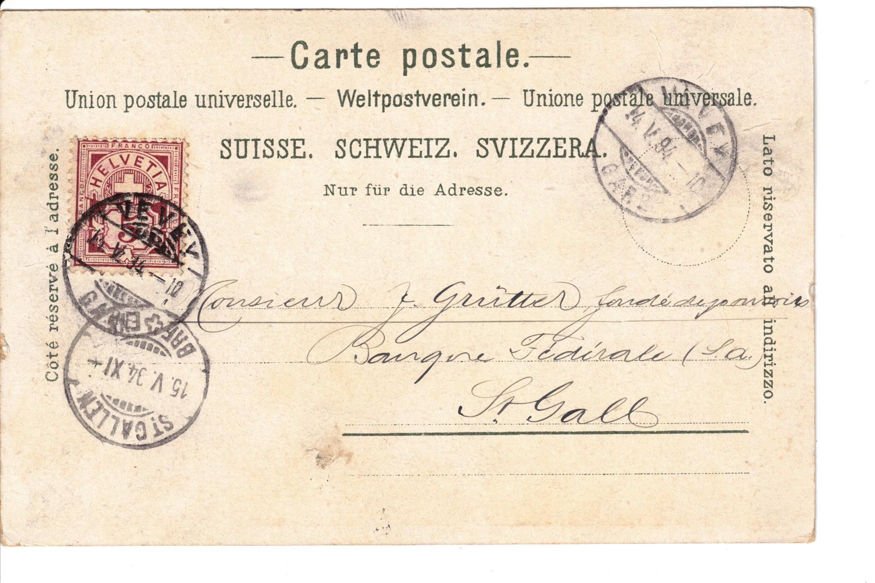 Cartoline postali: AK Litho von Vevey 1894 – Usato da Bottmingen venduto da Golferin 1