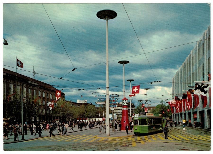 Cartoline postali: Basel, Mustermesse, Tram, um 1960 – Usato da Frauenfeld venduto da POML