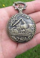 Taschenuhr Umhängeuhr Dampflokomotive Bronze mit Kette