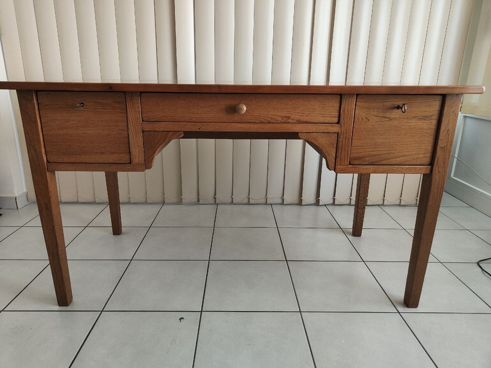 Bureau En Pin Massif Marlo - 110x76x54 Cm, 2 Tiroirs, Couleur Châtaignier - Design Minimaliste Pour Bureau à Domicile