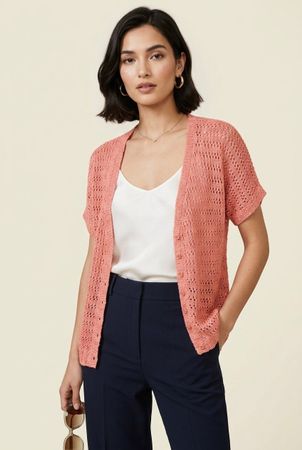 Vintage Gilet Maille Ajourée Corail Manches Courtes T. 36