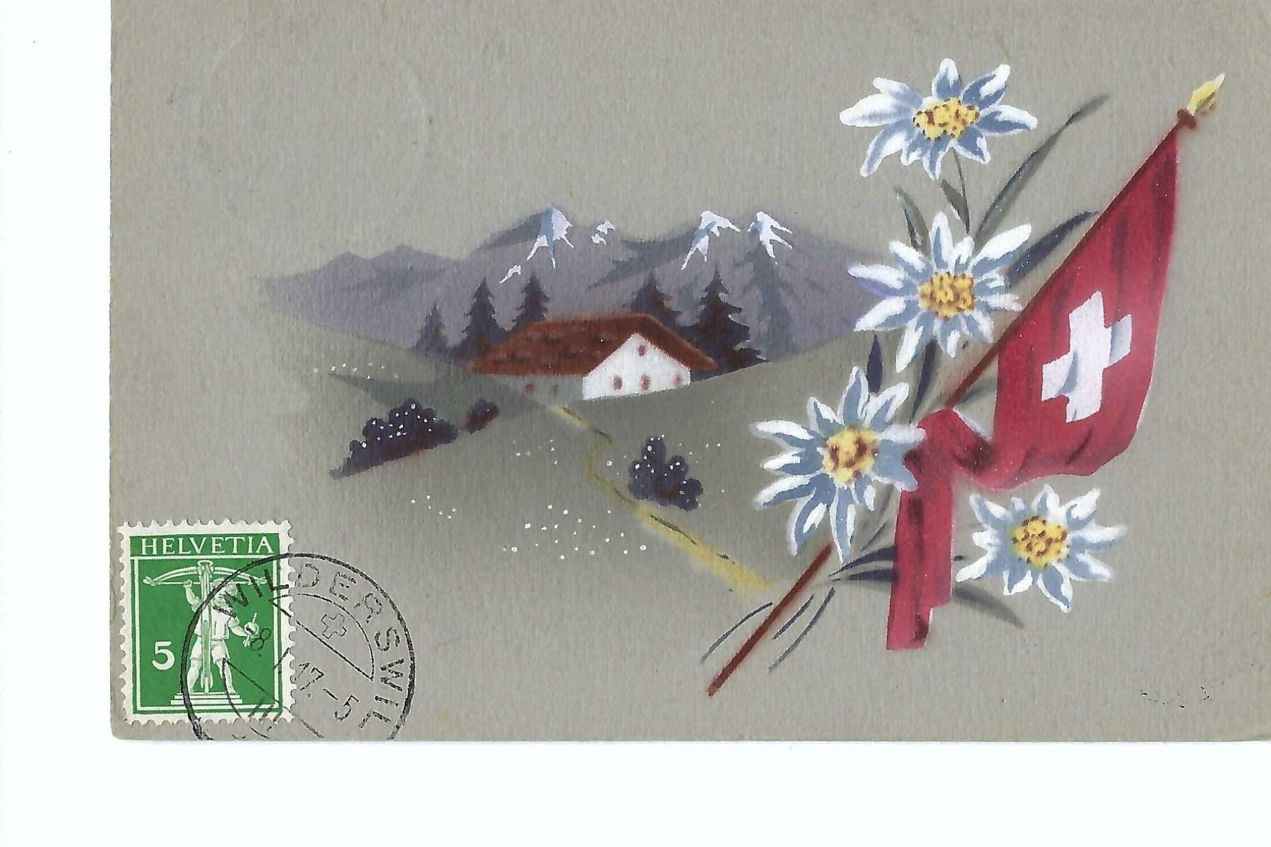 Cartoline postali: Alphütte, Edelweiss, Schweizerfahne, 1917 frankiert – Usato da Thun venduto da 44wart
