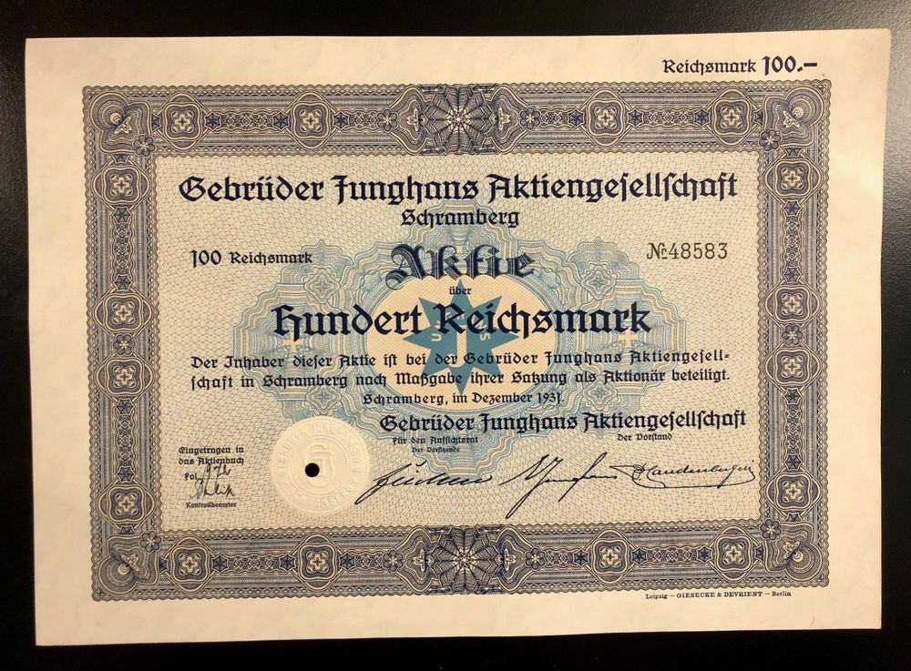 historisches Wertpapier 100 Reichsmark Junghans Aktienges