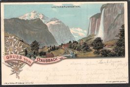 ^Litho Gruss vom Staubbach, Stabstempel Lauterbrunnen 1898!!