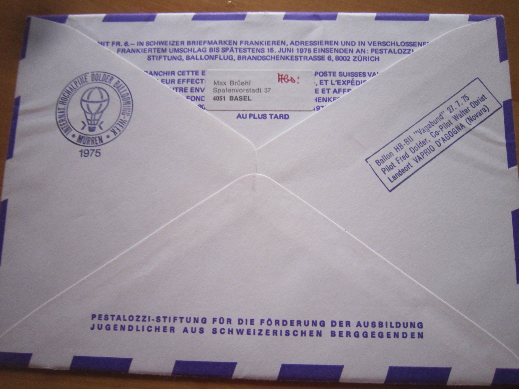 Tutti i francobolli: Ballonposto 1975 Stempel Brissago – Usato da Giubiasco venduto da sal_9j6w 3