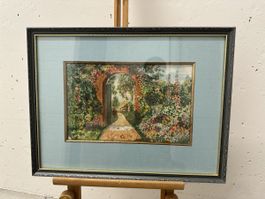 Aquarell Garten mit Ziegelbogen signiert R. Wells