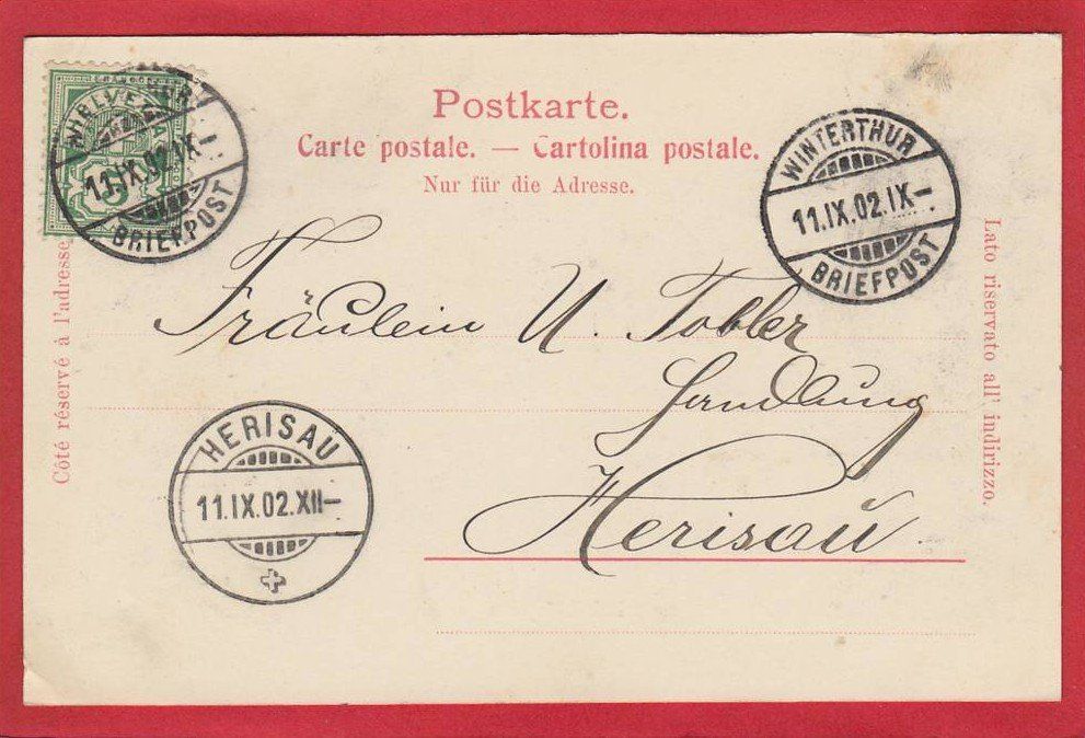Cartoline postali: WINTERTHUR BAHNHOFSPLATZ, LICHTDRUCK 1902 – Usato da Grüningen venduto da Kartenlaube 1