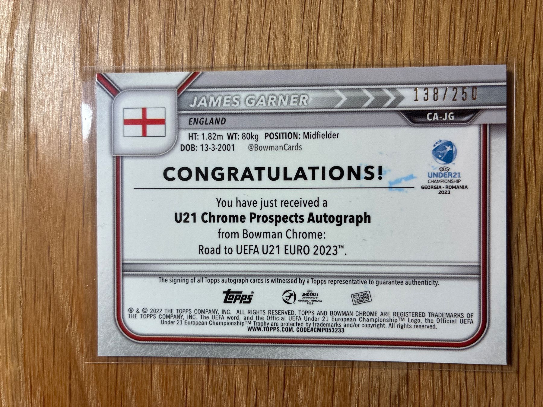 Topps Carte collezionabili: Topps Bowman Chrome James Garner England Autogramm /250 – Usato da Wangenried venduto da Garagara 1