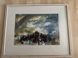 Abstraktes Aquarell – Stadt-/Hafenszene – Original – gerahmt