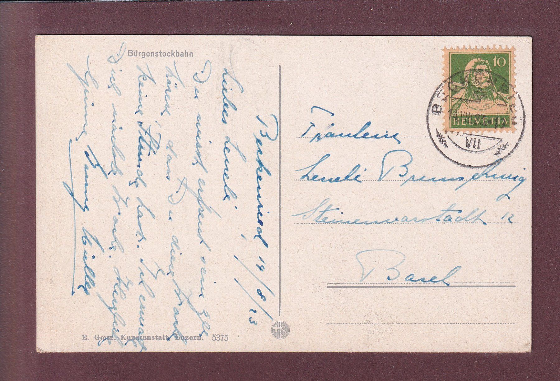 Cartoline postali: BÜRGENSTOCK-BAHN - 1923 – Usato da Pully venduto da nicecards 1