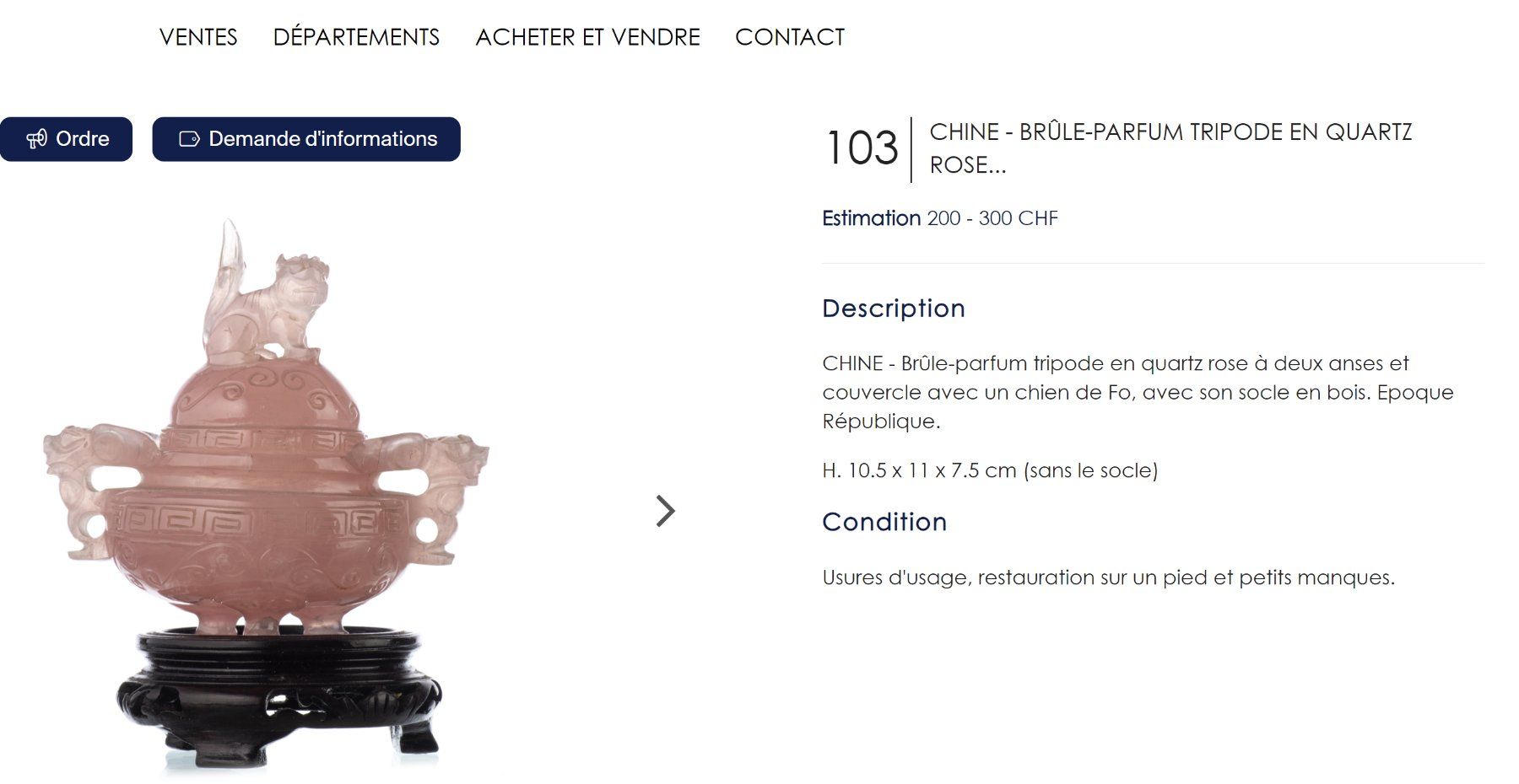 Statuette: CHINE - Brûle-parfum tripode en quartz rose – Usato da Gland venduto da Gauthama 1