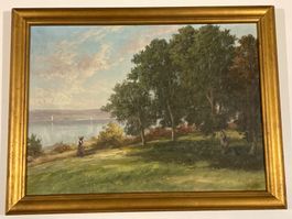 Antikes Gemälde signiert am Bielersee mit Wiese und Baumen