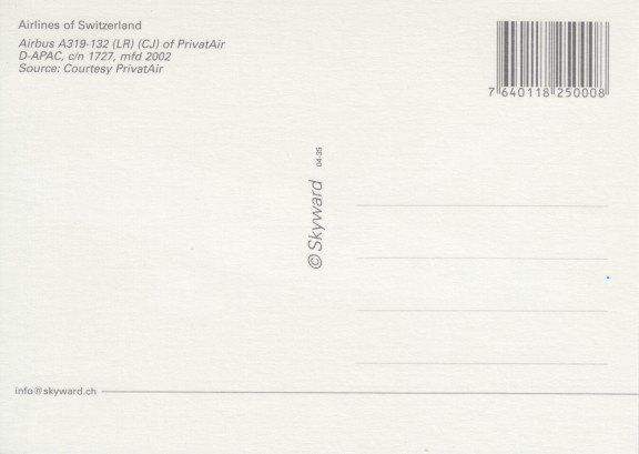 Cartoline postali: Airbus A319, Privat Air – Usato da Zuerich venduto da OceanLinerPostcards 1