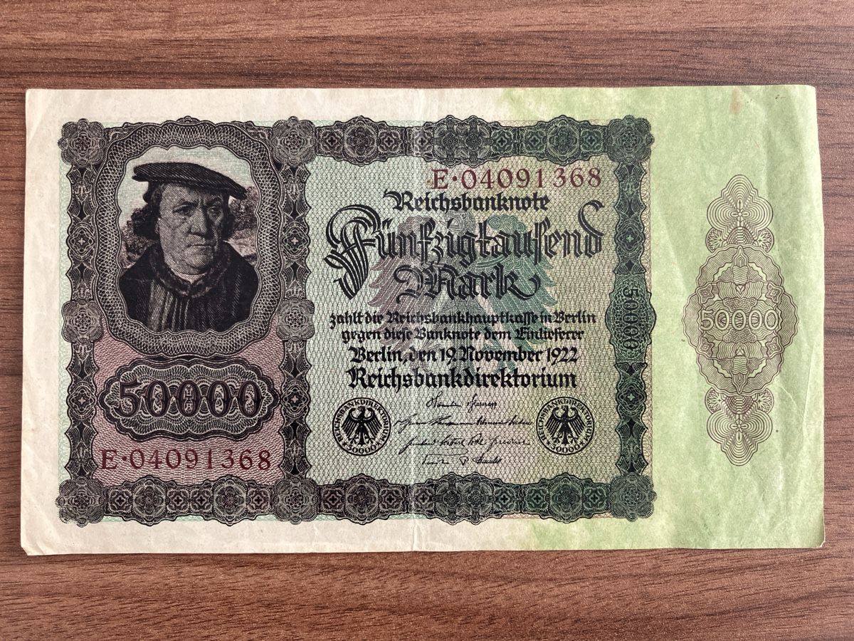 Banconote: 50000 Mark Reichsbanknote from 1922 – Usato da Wettingen venduto da BAG4478