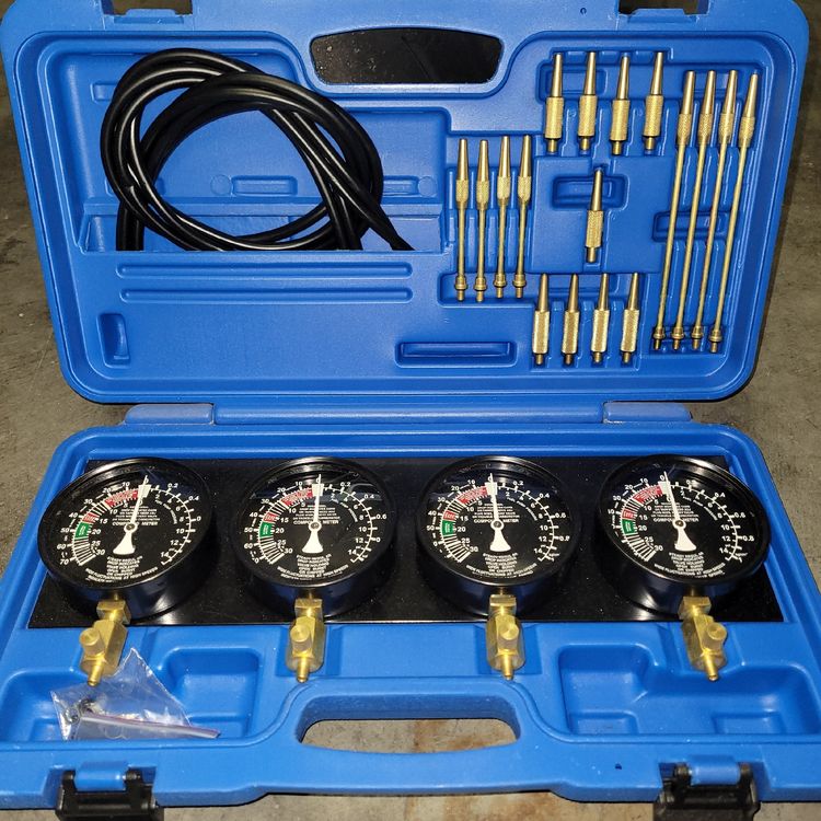 Tester Pressione Compressione Motore - Manometro 0-140 PSI / 0-10 Bar, Con 5 Adattatori (M6, M8, M10, M12, M14), Per Auto E Moto