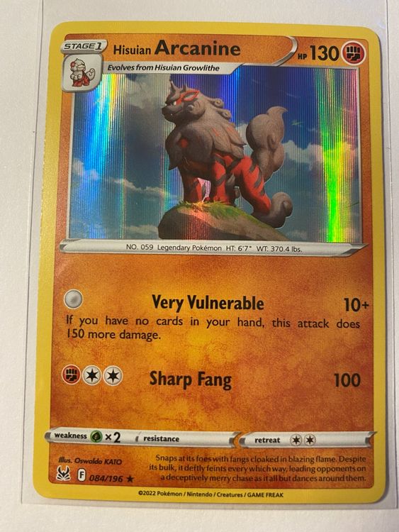 POKEMON HISUIAN ARCANINE 084/196 RARA REVERSE HOLO ORIGINE PERDUTA INGLESE