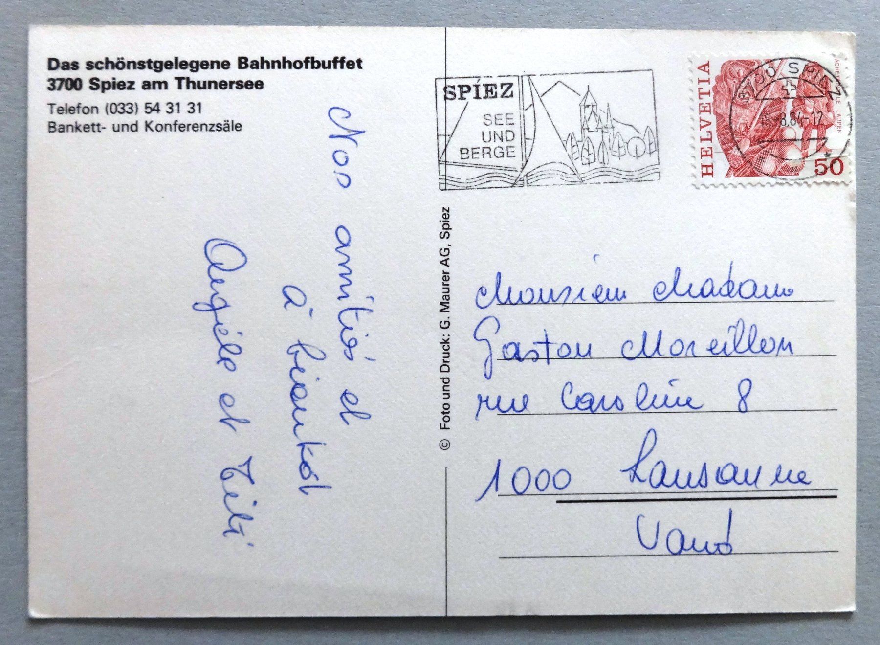 Cartes postales: Bahnhofbuffet, Spiez am Thunersee – D'occasion à Fétigny par Billy2miny 1