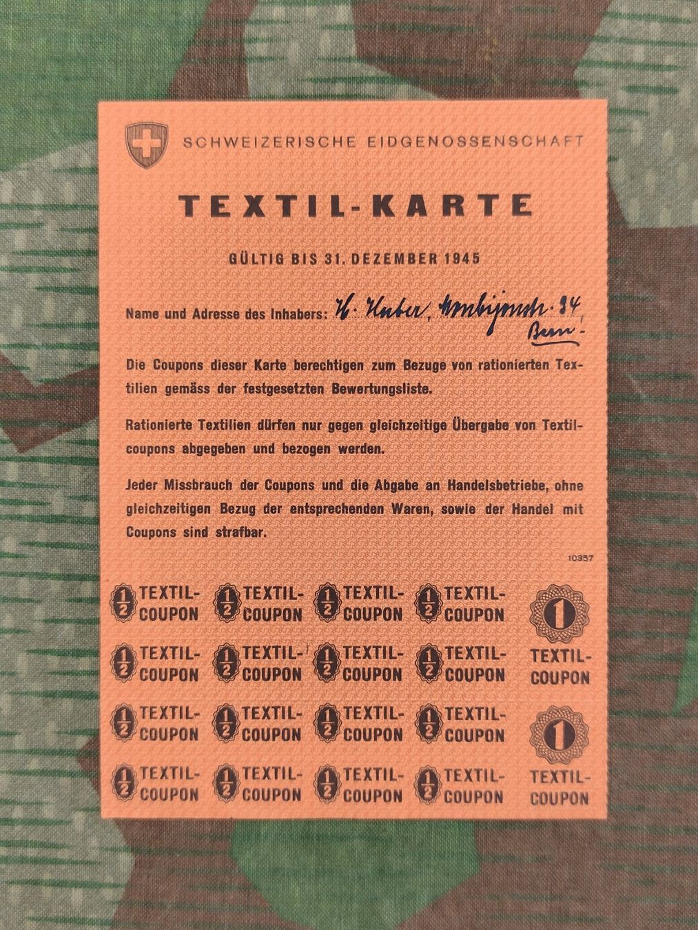 Schweizer Armee Uniformi: TEXTIL-KARTE 31.12.1945 – Usato da Bauma venduto da SwissMilitaria