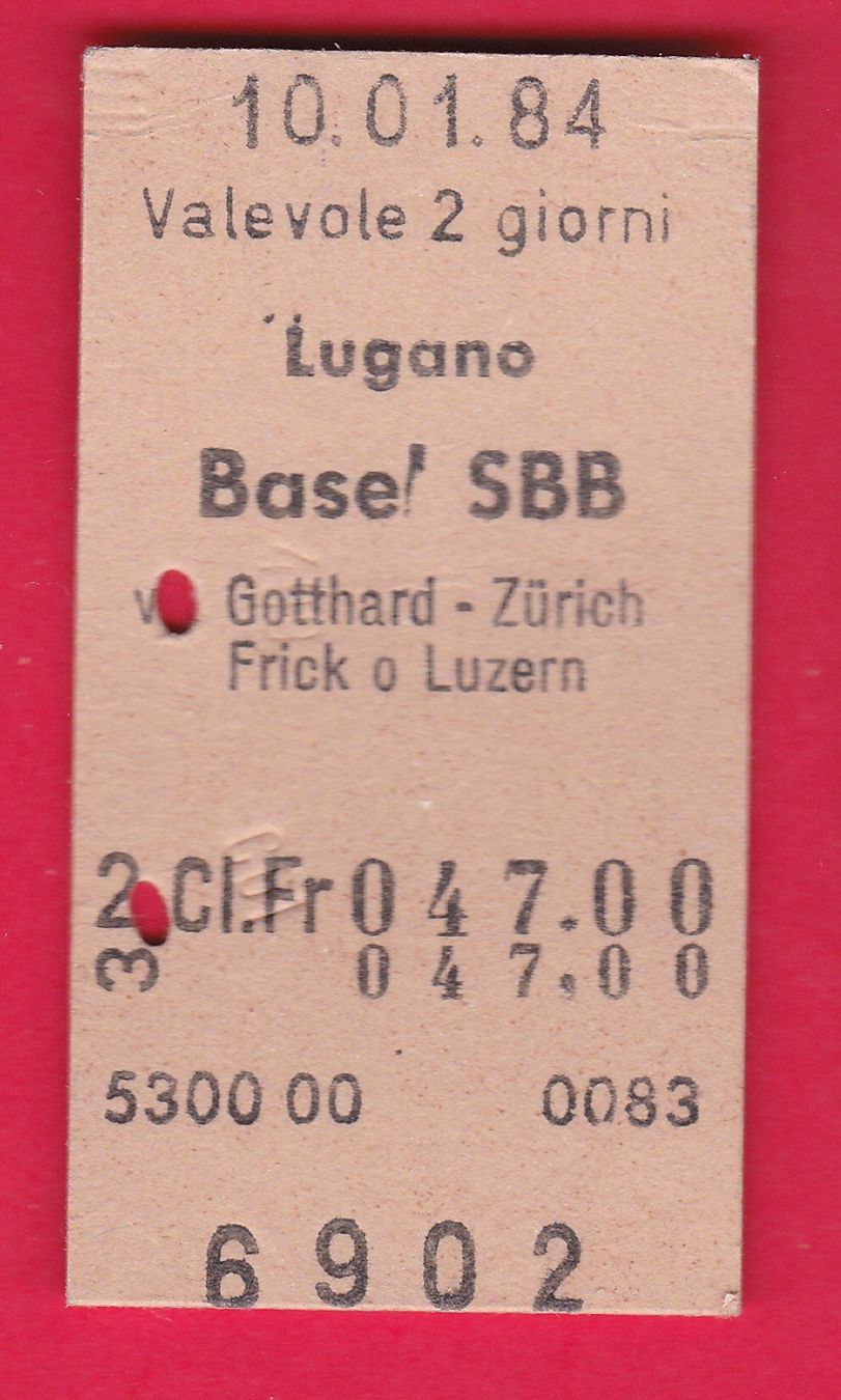 Biglietti: KARTON BILLETT, LUGANO - BASEL SBB, 2.KLASSE, EINFACH – Usato da Oberrieden venduto da Gebirgsstelze