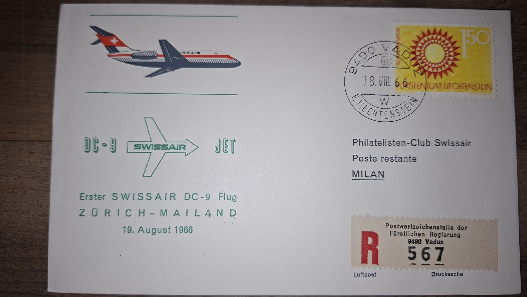 Tutti i francobolli: Zürich - Mailand 19.08.1966 – Usato da Balgach venduto da SIMEON27